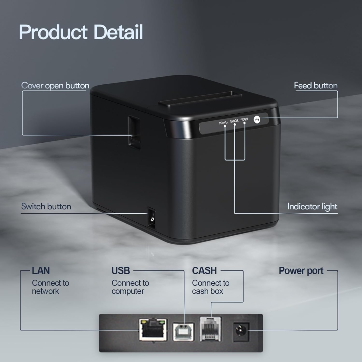 X-PRINTER 80mm Receipt Printer ESC/POS Thermal Printer Desktop Direct Print USB+LAN Connection High Efficiency with Auto Cutter Large Paper Bin